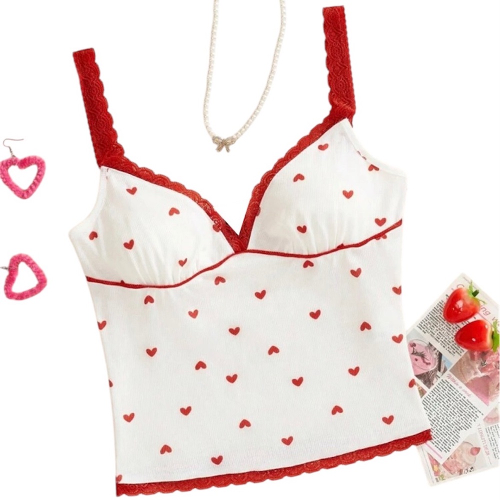 Red and White Heart Patterned Camisole